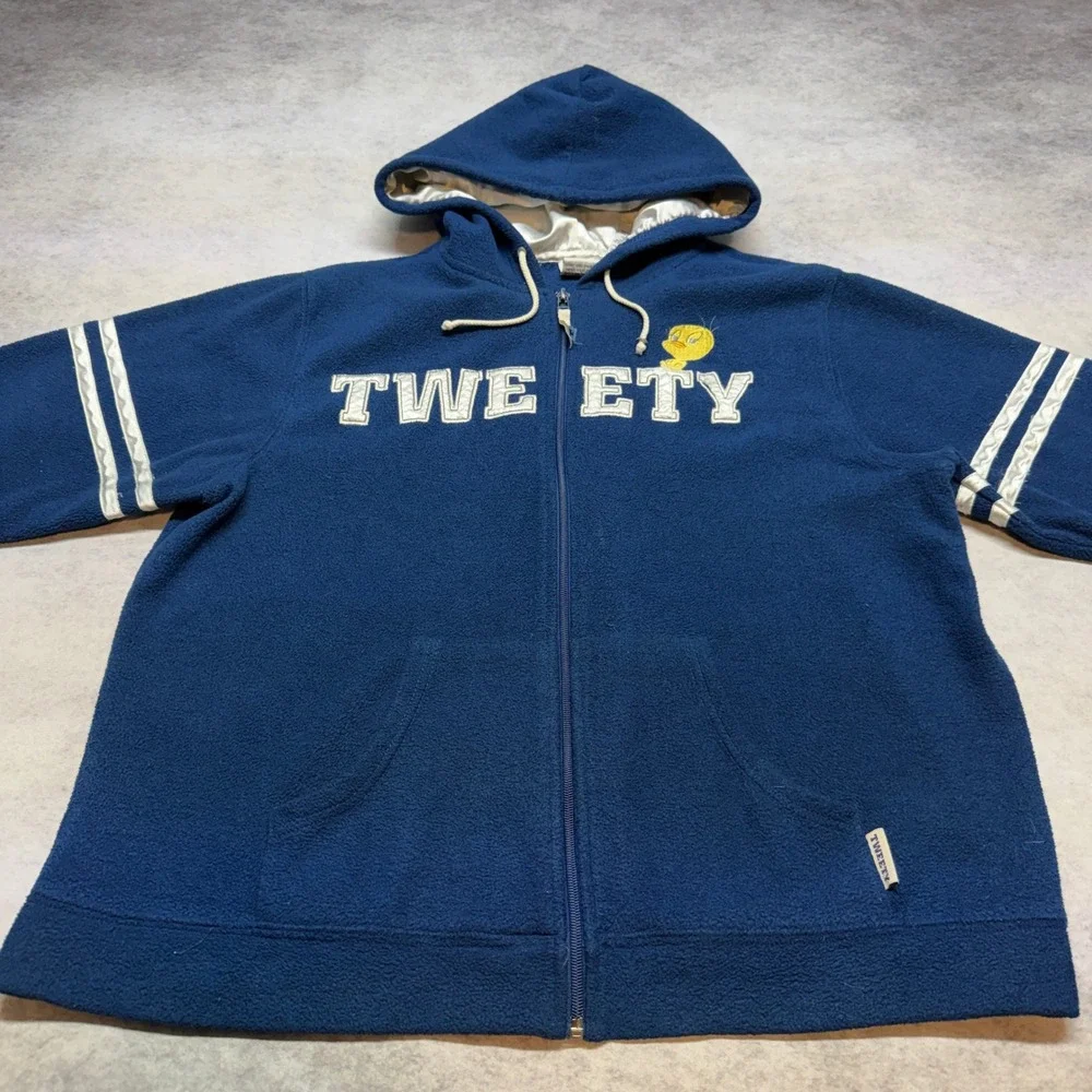 Vintage Looney Tunes Tweety Bird Fleece Zip Up Hoodie Navy Blue Large Y2K - Picture 3 of 7